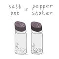 Salt pot and pepper shaker cartoon set. Hand drawn modern classic glass tableware vector sketch doodle illustration